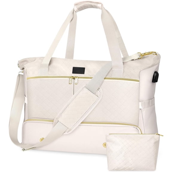 Weekender Overnight Bag for Women, Large Travel Duffel with Shoe Compartment, Wet Pocket, USB Port, Carry-On Gym Tote Bag (Beige)