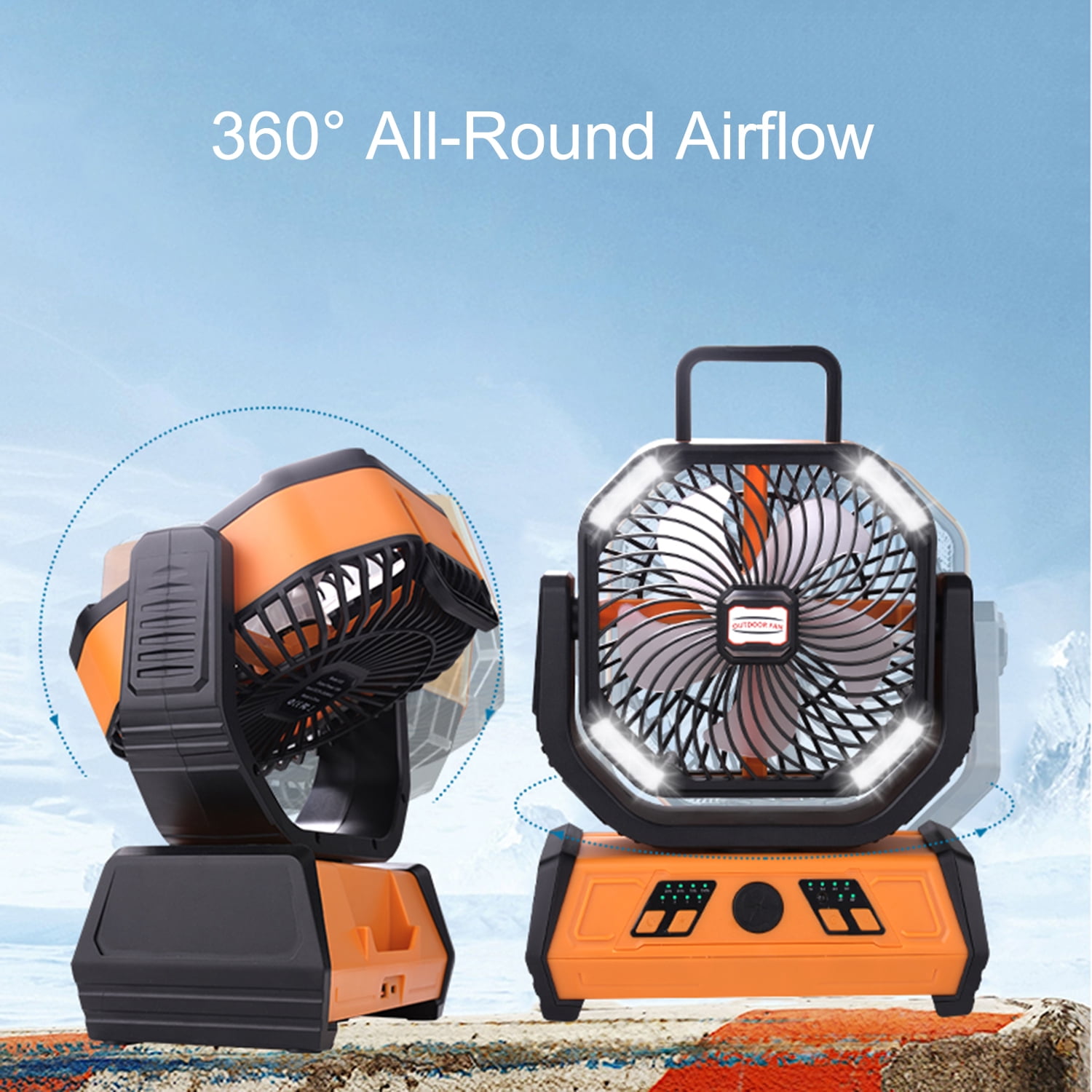 Fylivore Camping Fan, 20000mAh Portable Battery Operated Outdoor with LED Lights & Remote Control, Personal Usb Rechargeable Desk, Room , Orange