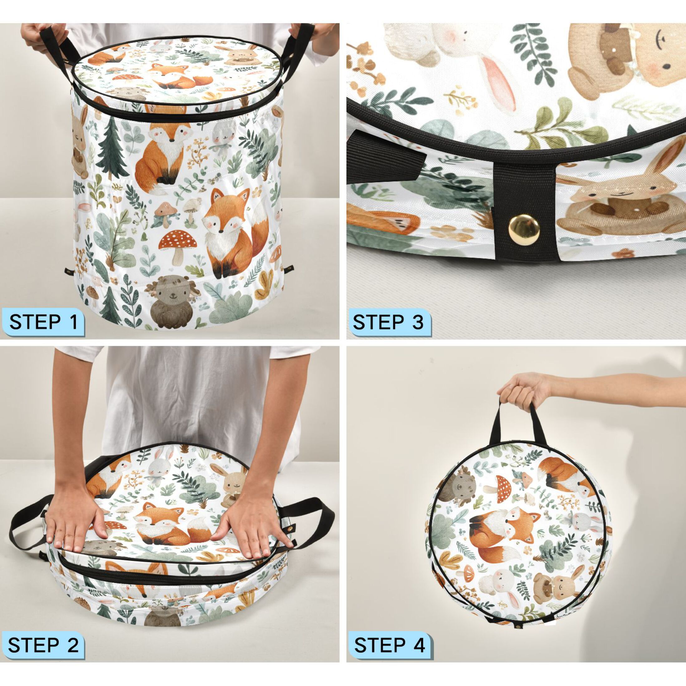 50L Extra Large Popup Hamper Collapsible Laundry Basket With Zippered Lid 15.7x18.5in Cute Woodland Animals