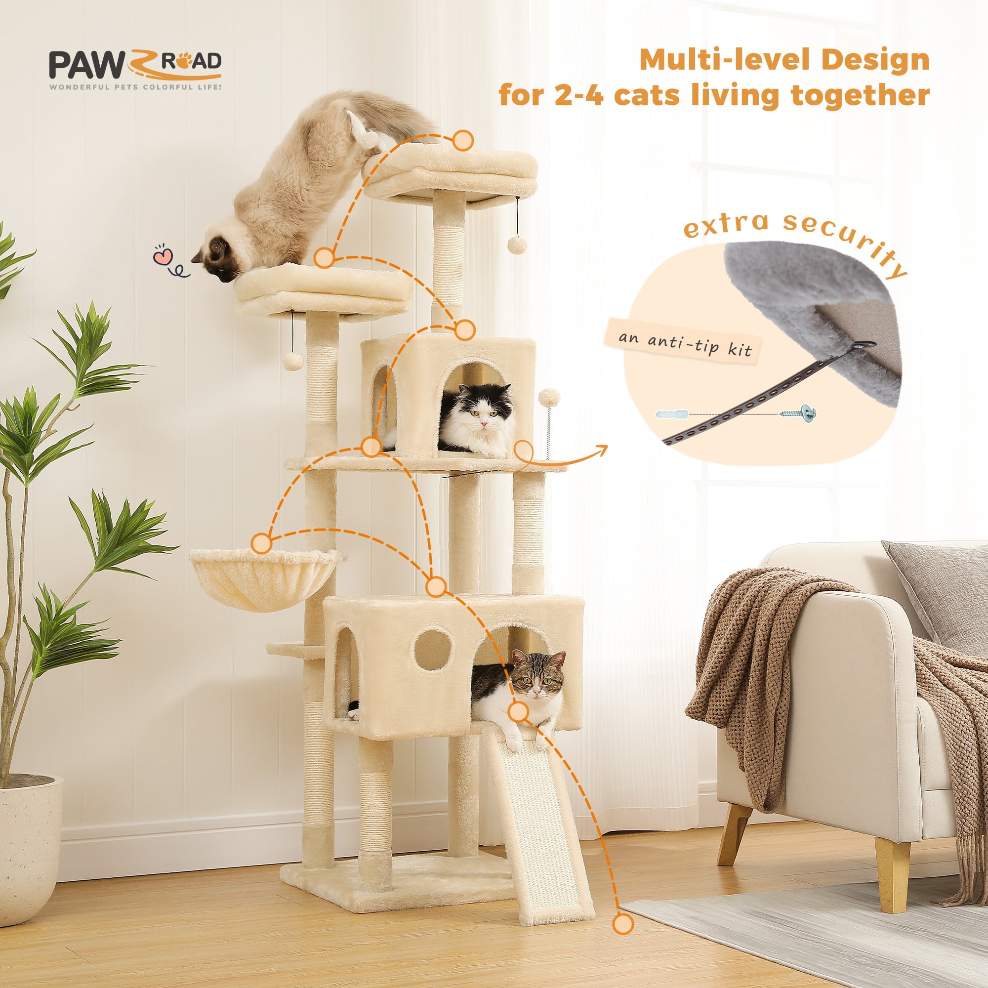 Kadyn 64" Multi-Level Cat Tree Tower for Large with Hammock, Plush Cat Condos for Indoor Cats, Beige