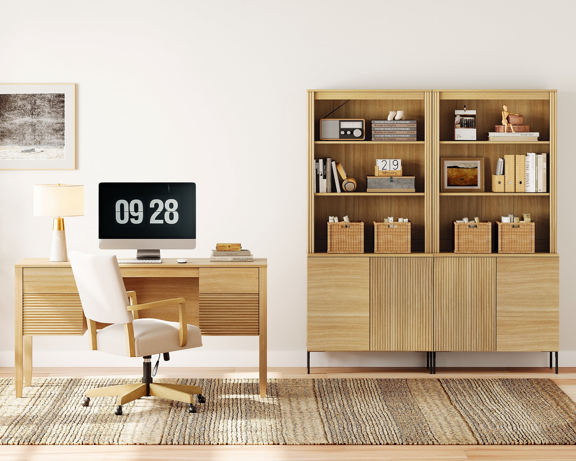 WAMPAT 3 Piece Living Room Furniture Set, 58 Inch Console Table with 2 71.5 Inch Tall Bookcases, Double Door Storage Cabinets, Adjustable Shelves, Modern Fluted Bookcase Set for Living Room