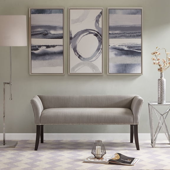 Upholstered Accent Bench with Low Back & Flared Arms, Polyester Fabric Entryway Bench with Silver Nailhead Trim, Solid Wood Legs for Bedroom Living Room