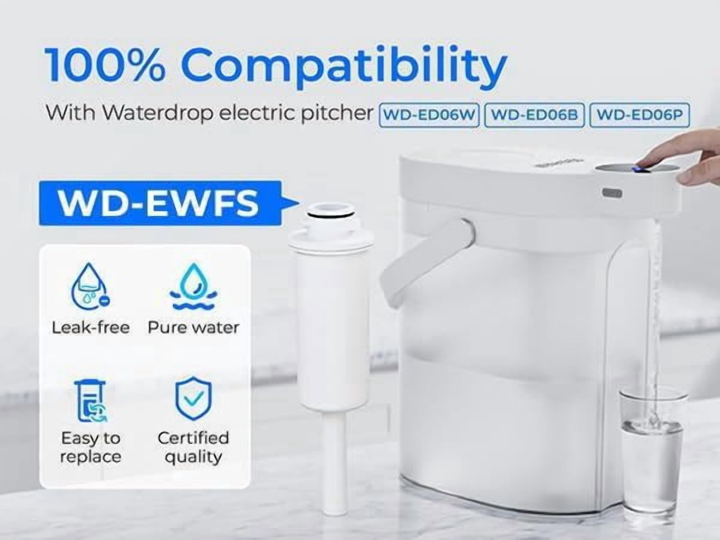 Waterdrop EWFS Water Filter Replacement for Waterdrop ED06W/ED06P/ED06B FreshTaste Rechargeable Electric Pitcher, 2 Months or 40 Gallons, 3 Pack