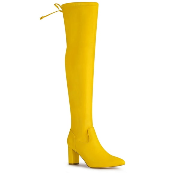 BLISSFUL STEP Women's Boots Faux Leather Over The Knee Thigh High Chunky Heel Pointed Toe Boots Yellow 10