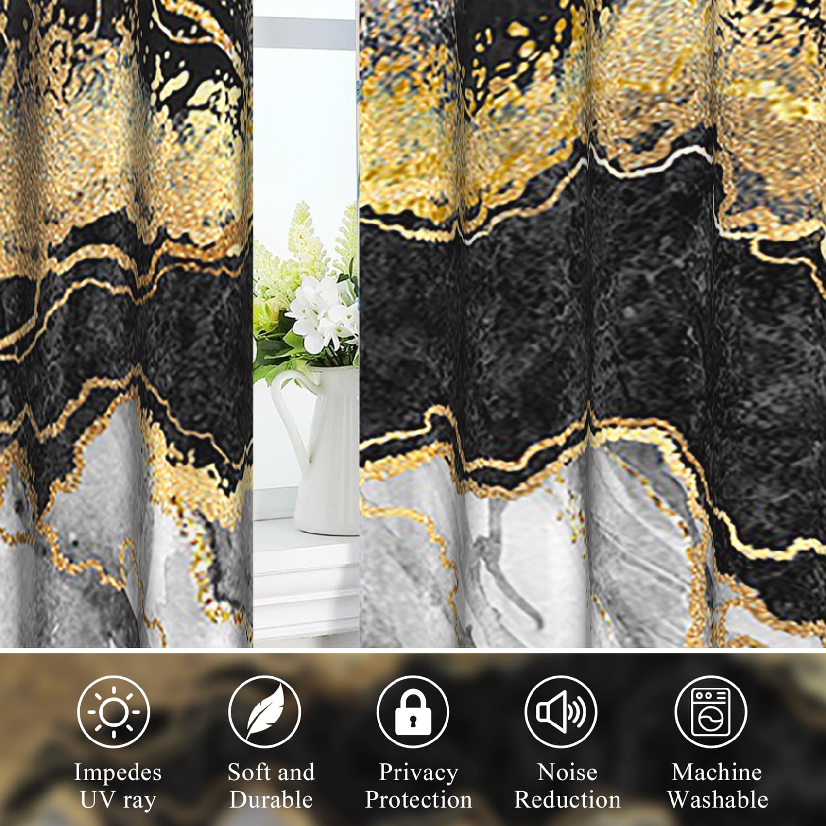 Dashan Black Gold Gray Marble Blackout Curtains for Bedroom Living Room Decor Grommet Window Drapes 42x63 Inch,2 Panels