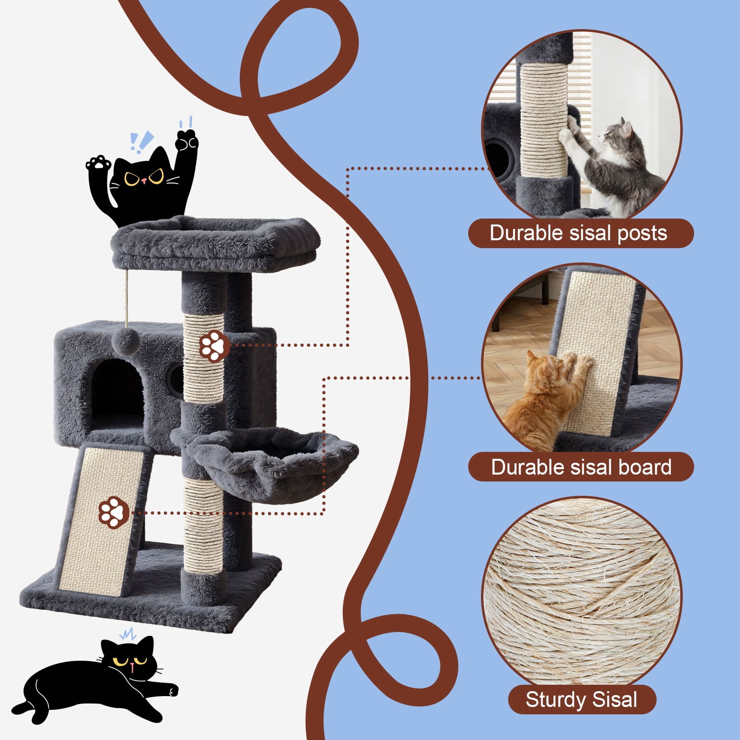Amolife 36.6" Cat Tree Tower for Indoor Cats, Cat Condo with Plush Perch, Sisal Scratching Posts & Ramp, Cozy Cat Furniture, Blue