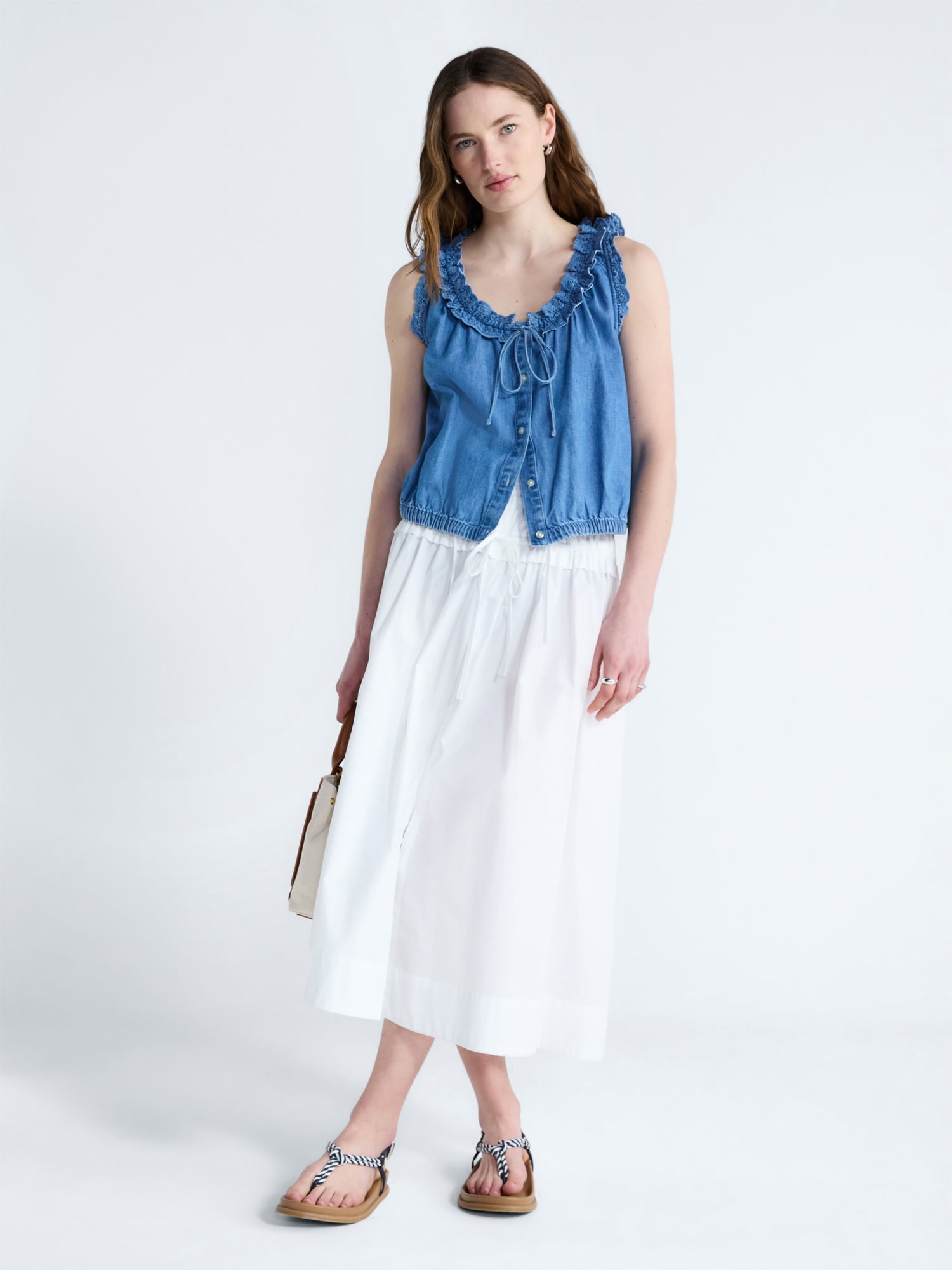Free Assembly Eyelet Ruffle Sleeveless Chambray Top, Sizes XS-XL