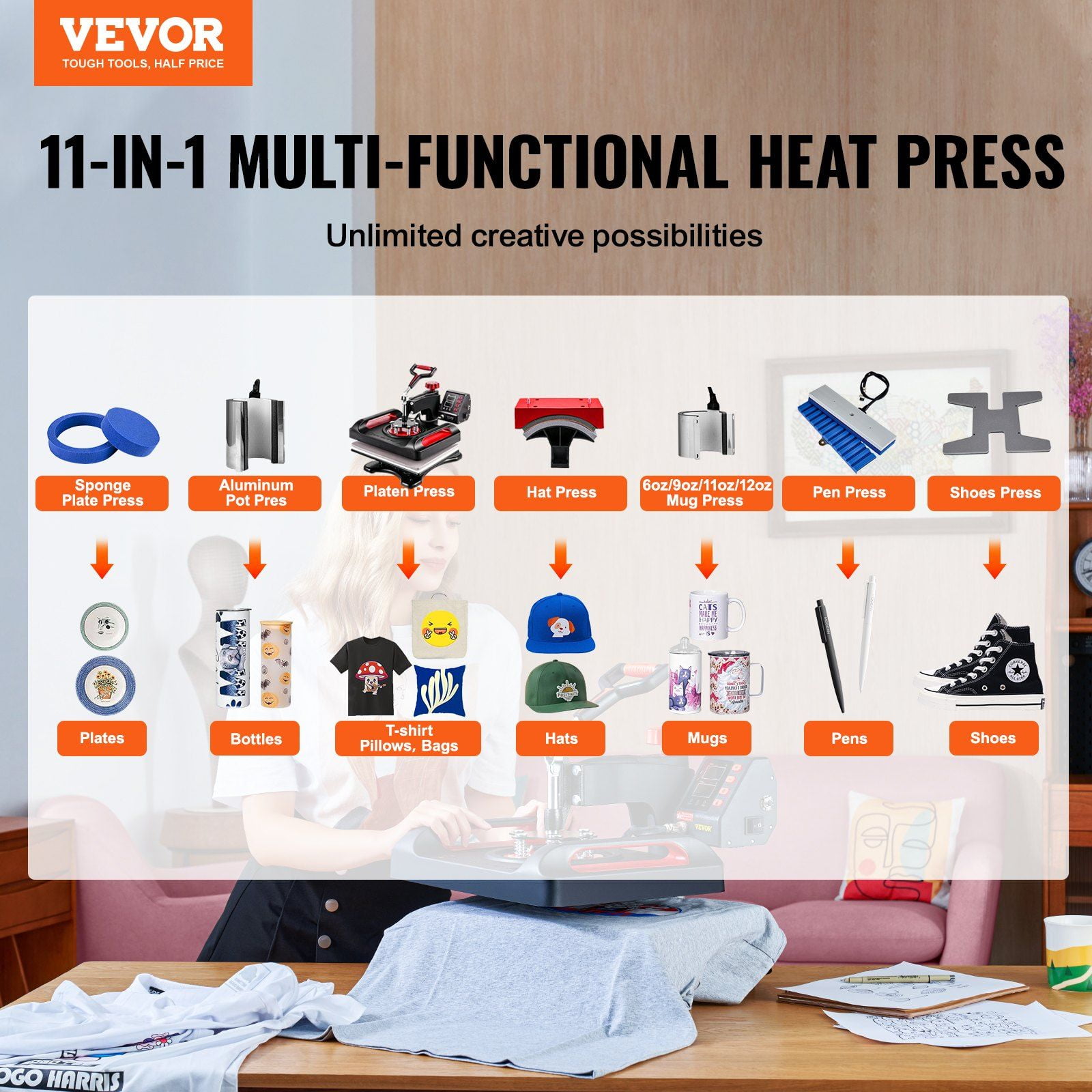 11 in 1 Heat Press, 12 x 15 Inch, Multifunctional Clamshell Printer, Digital Dual-Tube Heat Press Transfer Machine, 360 ° Swing Away Design