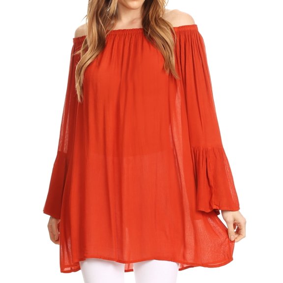 Sakkas Anna Casual Flowy Wide Neck 3/4 Sleeve Light Summer Boho Blouse Top - Rust Orange - One Size Regular