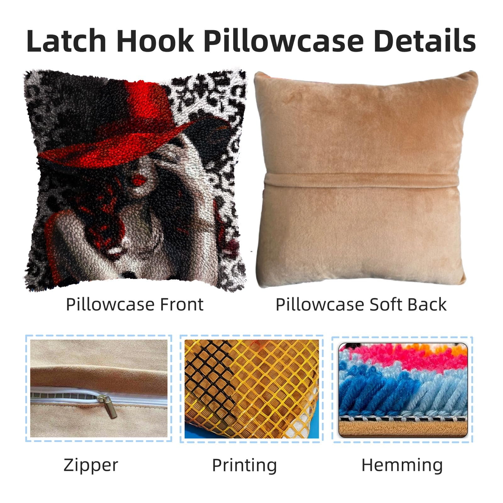 Woman with Red Hat DIY Latch Hook Pillow Kits for Adults Printed Pillowcase Crochet Yarns Hooking Handmade Pillow Cover Cushion for Home Sofa Decoration 17x17inch