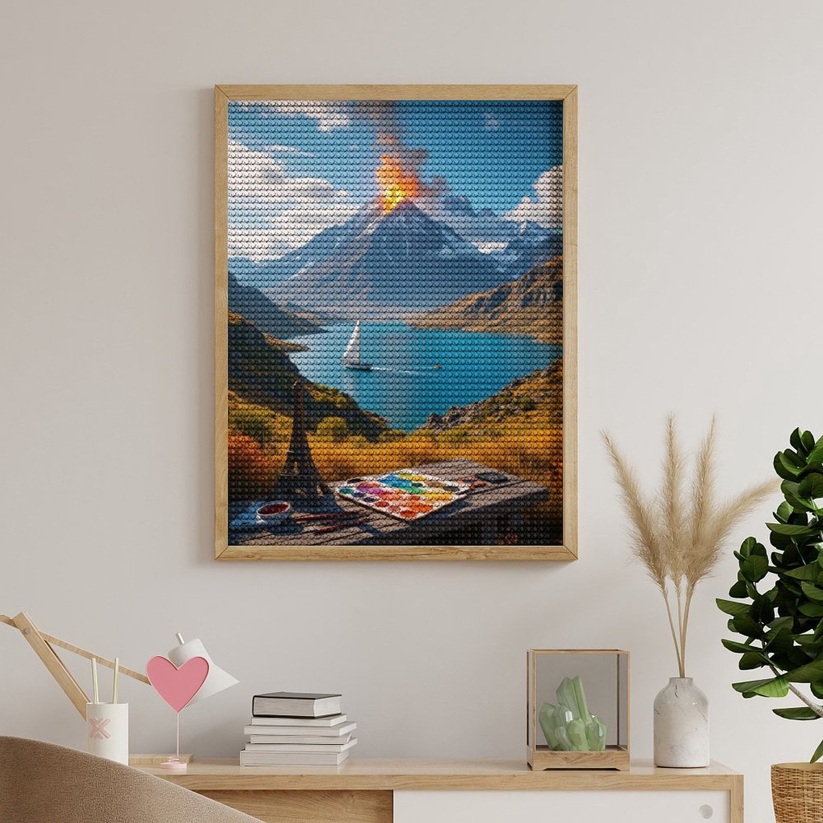 Diamond Art Kits for Adults, Sailboat Mountain Volcano Painting Set 5D Diamond Painting Kits for Adults Beginners, DIY Full Drill Diamond Painting, Gem Art and Crafts 12x16
