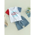 thumbnail image 3 of Bagilaanoe 4th of July Clothes for Toddler Baby Girl Boys Letter Print Contrast Color Short Sleeve T-shirt Tops + Shorts 6M 12M 18M 24M 3T Kids Independence Day Outfits 2pcs Short Pants Set, 3 of 9