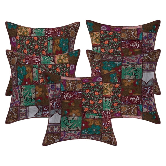 Stylo Culture Ethnic Cotton Decorative Throw Pillow Covers Dark Brown 20 x 20 Bohemian Vintage Patchwork Ethnic Sofa Cushion Covers 50x50 cm Home Decor Abstract Square Pillow Cases | Set Of 5