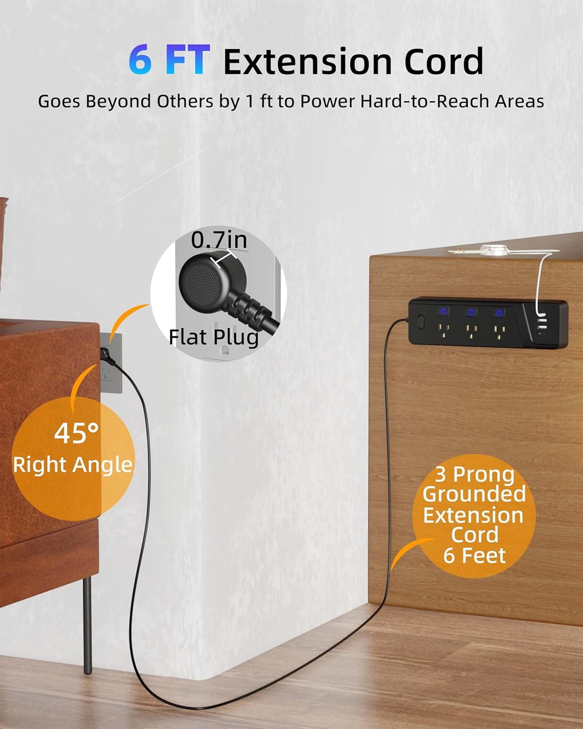 Surge Protector Power Strip with Individual Switches, 6 Wide Spaced Outlet 4 USB Ports (2 USB C), 6 ft Extension Cord with Switch On/Off, 3 Prong Flat Plug, Wall Mount for Travel Home Office (Black)