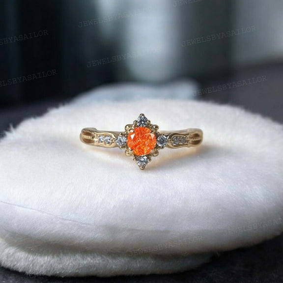 JEWELSBYASAILOR 5 MM Natural Sunstone Engagement Ring / Moissanite Bridal Ring / Yellow Gold Plated Silver / Birthday Gift for Love