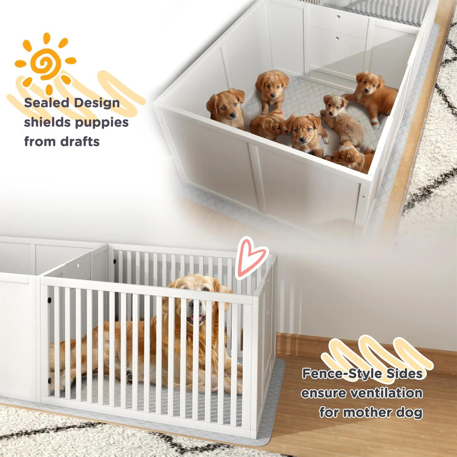 Pefilos 65" Indoors Puppies Whelping Box for Large Breed Dogs, Puppy Playpen with Waterproof Pee Pad & Adjustable Door, Waterproof & Rustproof Whelping Pen, White