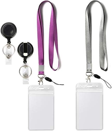 YOUOWO 2 Pack Lanyards with Vertical ID Badge Holders and Retractable Badge Reel with Clips,Office Neck Grey Purple Lanyard Waterproof
