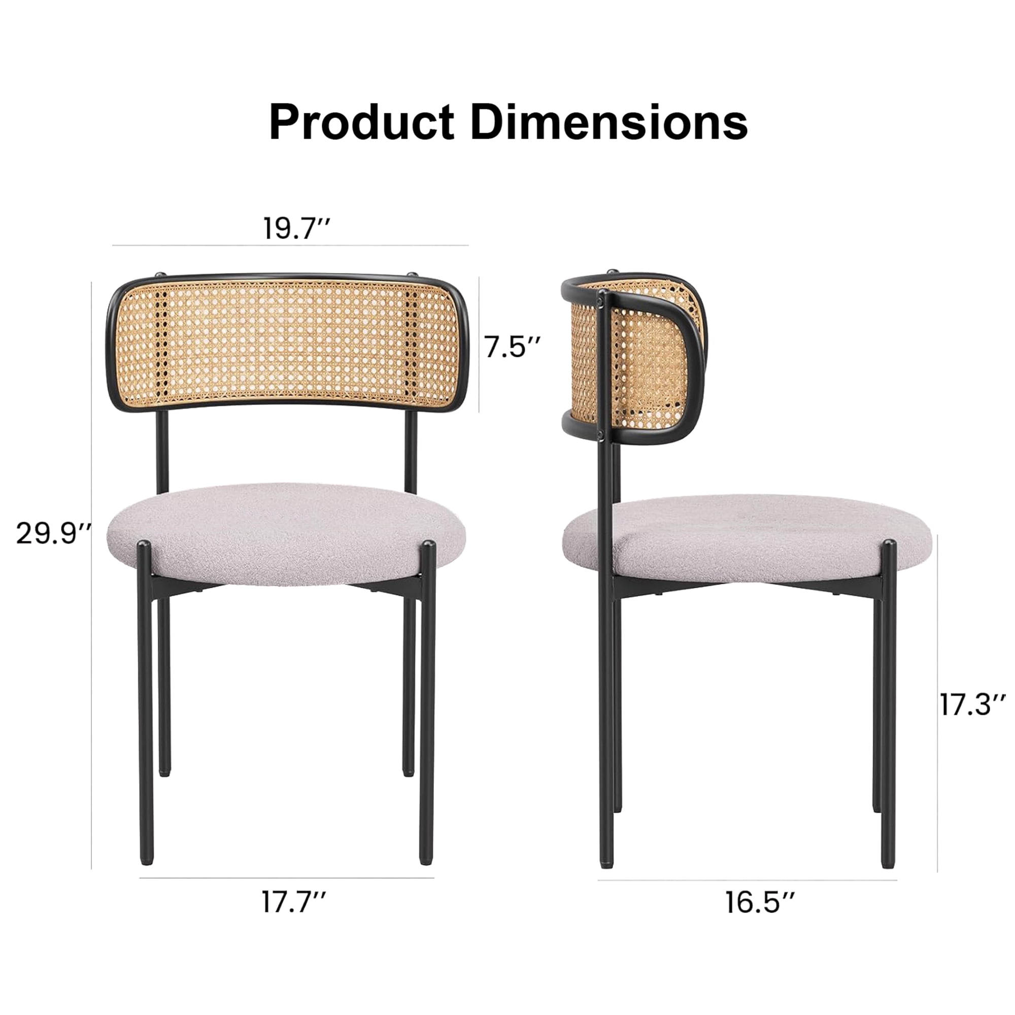 MAYEERTY 2-Pack Light Gray Modern Upholstered Dining Chairs, Rattan Back, Metal Legs, Kitchen Accent