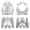 thumbnail image 7 of inhzoy Kids Big Girls 2PCs Gymnastic Dance Outfit Sets Shiny Metallic Crop Top with Shorts,Sizes 6-14 Silver 12, 7 of 7