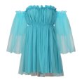thumbnail image 5 of Ernkv Mini Babydoll Dress for Women Solid Color Ruffle Sleeve Off Shoulder Dress Elegant Puffy Flowy Hem Retro Holiday Beach Trendy Clothing Summer Light Blue M, 5 of 9