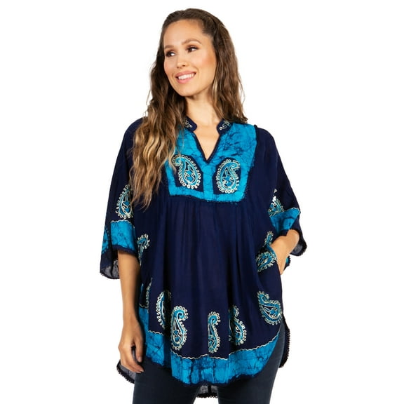 Sakkas Amori V-Neck Embroidery Poncho Top / Cover Up - Navy/Turquoise - One Size