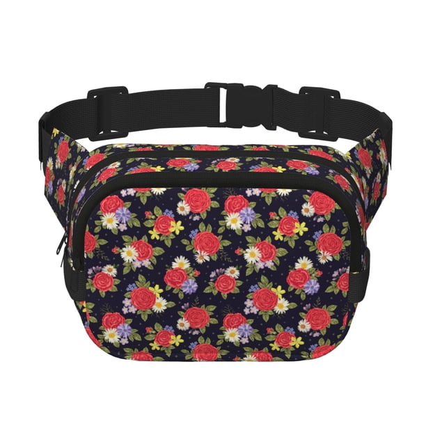 Balery Red Rose Flower Mochila Cinturón para Mujeres y Hombres, Bolsa de Cintura Impermeable de Doble Capa con Correa