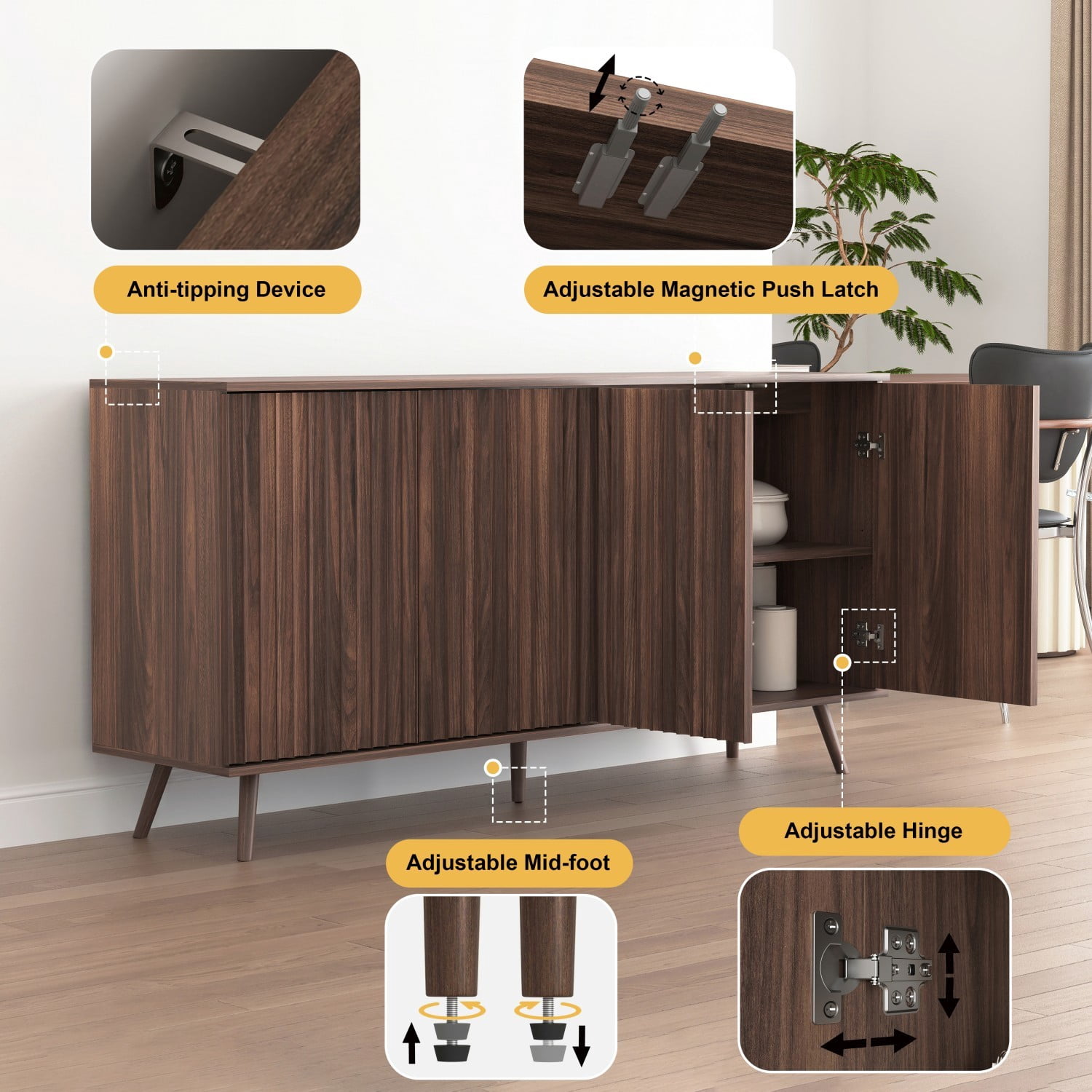 59.1" Sideboard Buffet Cabinet with Storage, 4 Door Credenza Cabinet with Adjustable Shelves, Wood Coffee Bar Console Cabinet for Kitchen Dining Room Living Room, Walnut
