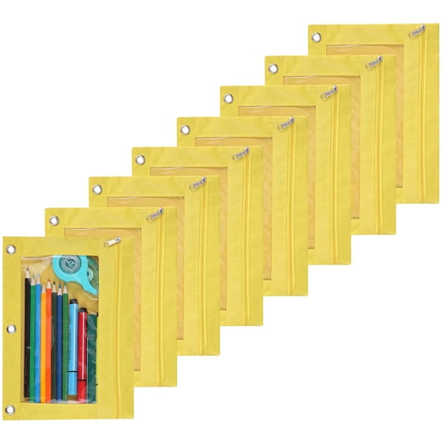 Binder Fabric Pencil Pouch 3 Rings with Clear Window for School Classroom Organizers 8 Pack (Yellow)