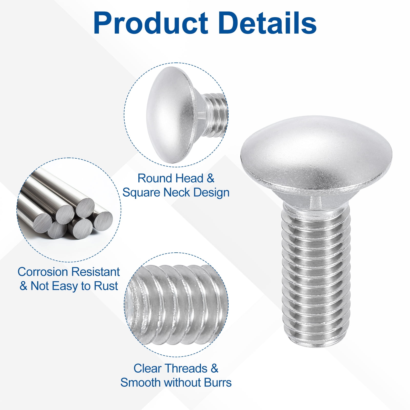 Uxcell 10Pack 1/2"-13x1-1/2" Stainless Steel Carriage Bolts Round Head Square Neck, Silver