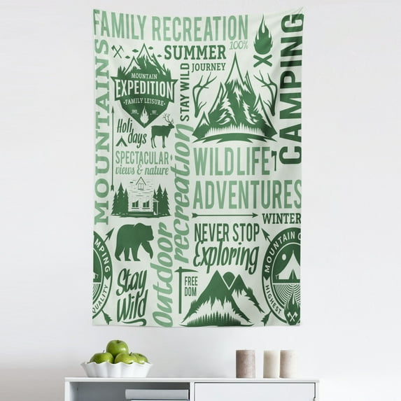 Camping Tapestry, Outdoors Recreation Wildlife Adventures Stay Wild Freedom Lettering, Fabric Wall Hanging Decor for Bedroom Living Room Dorm, 5 Sizes, Pale Green Dark Green, by Ambesonne