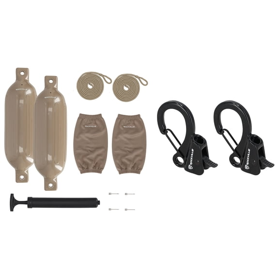 Rockville FEN265-SAND Bundle: 2 6.5 x 23 in Boat Fenders, 2 Covers, 2 Fender Lines, Hand Pump, 2 RQA-2 Quick Release Fender Clips, 11-Items
