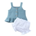 thumbnail image 3 of Godderr Newborn Girls Solid Color Suspender Off-Shoulder Top Shorts Suspender Top Shorts Two-Piece Set 3-24M, 3 of 5