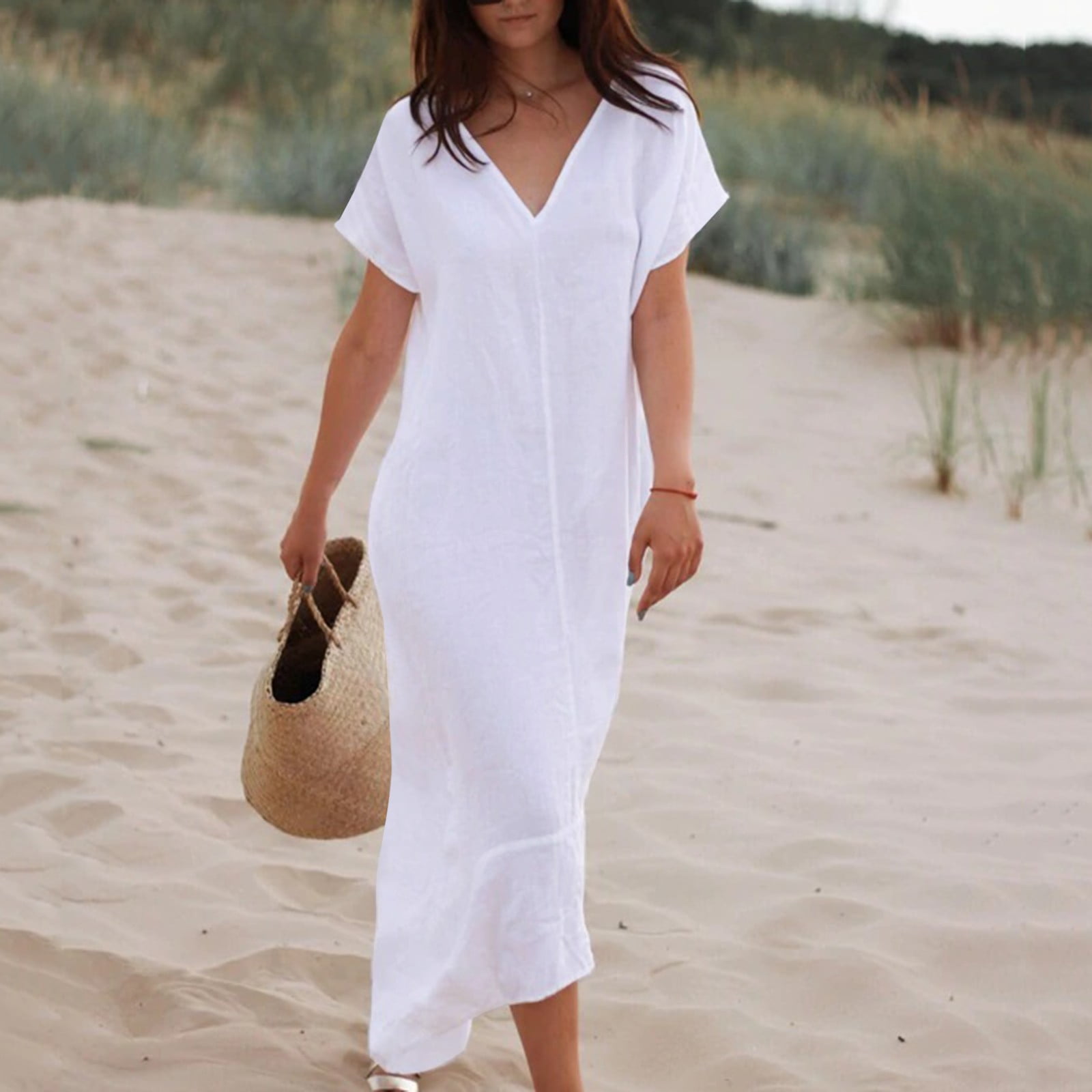 White Dress Womens Summer Linen Dress Short Sleeve Cover Ups Casual V ...