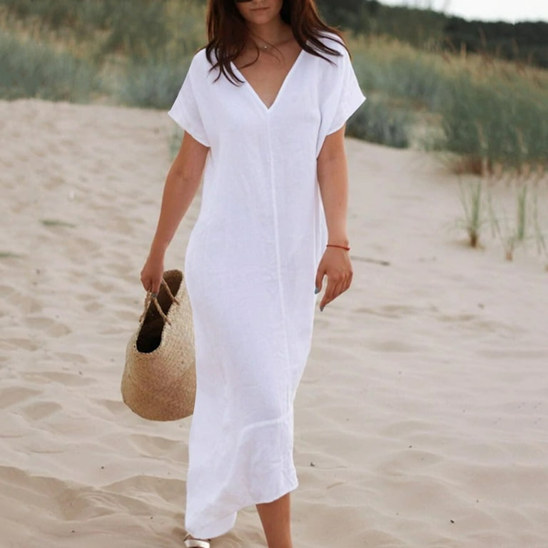 mveomtd Womens Summer Linen Dress Short Sleeve Cover Ups Casual V Neck  Dresses Loose Comfy Beach Dress Swing Dress with Pockets White 