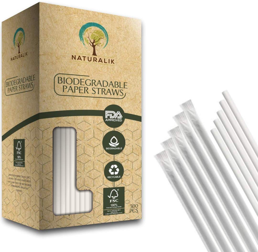 300Pack Individually Wrapped White Paper Straws 100 Biodegradable