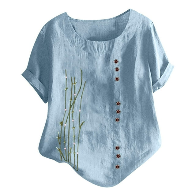 EQWLJWE Femmes Chemises Dégagement T-Shirts pour Femmes Femmes Manches Courtes Décontracté Col Rond Imprimé en Vrac Button Tunic Shirt Blouse Tops
