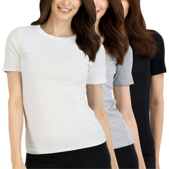 Lucky Brand Women's 3-Pack Crew Neck Tee Lightweight Ribbed Cotton Blend T-Shirt-Black / S