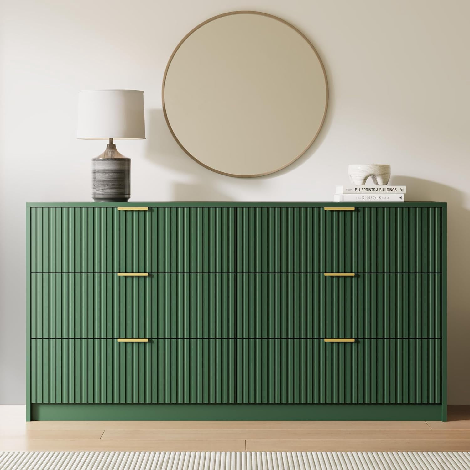FURNIWAY Green 6 Drawer Dresser for Bedroom, 55 Inch Wide Modern Chest of Drawers with Fluted Wood Front and Gold Metal Handles for Living Room Hallway