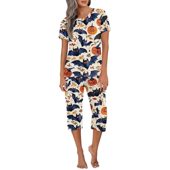 Wutalume Women's Active Sleep Set Halloween Print Short Sleeve Top & Drawstring Pants Two-Piece Sports Pajama Comfortable Nightwear Lounge Home Wear,Beige L