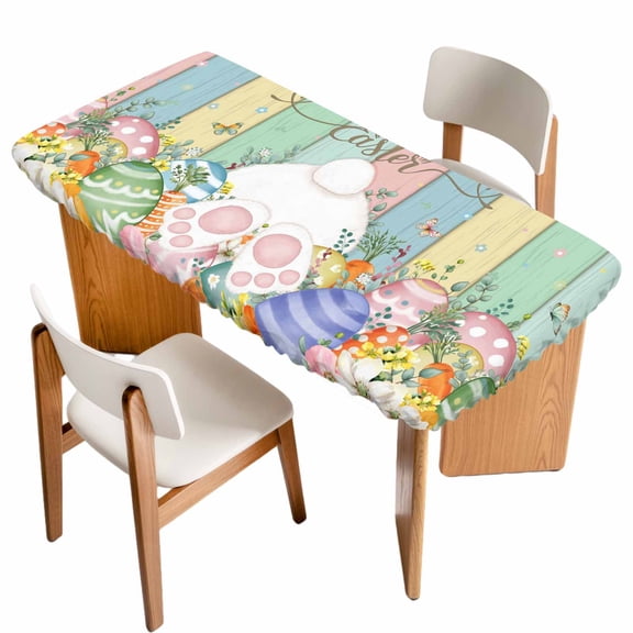 Easter Table Cloths for 5 Foot Rectangle Tables, Spring Rabbit Ears Foot Eggs Floral Wooden Grain Patio Waterproof Elastic Fitted Tablecloths, Washable Rectangular Table Cover for Camping