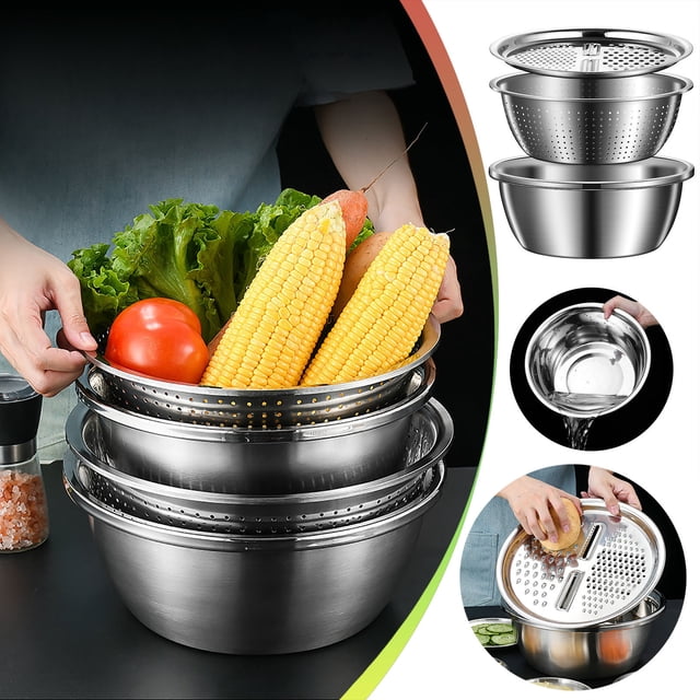 Xihbxyly Rallador Multifuncional de Acero Inoxidable, Escurridor de Cocina, Colador para Verduras, Resistente Al Óxido, Fácil de Limpiar, para Uso Doméstico, Picnic, Juego de 3 Piezas, 26 Cm