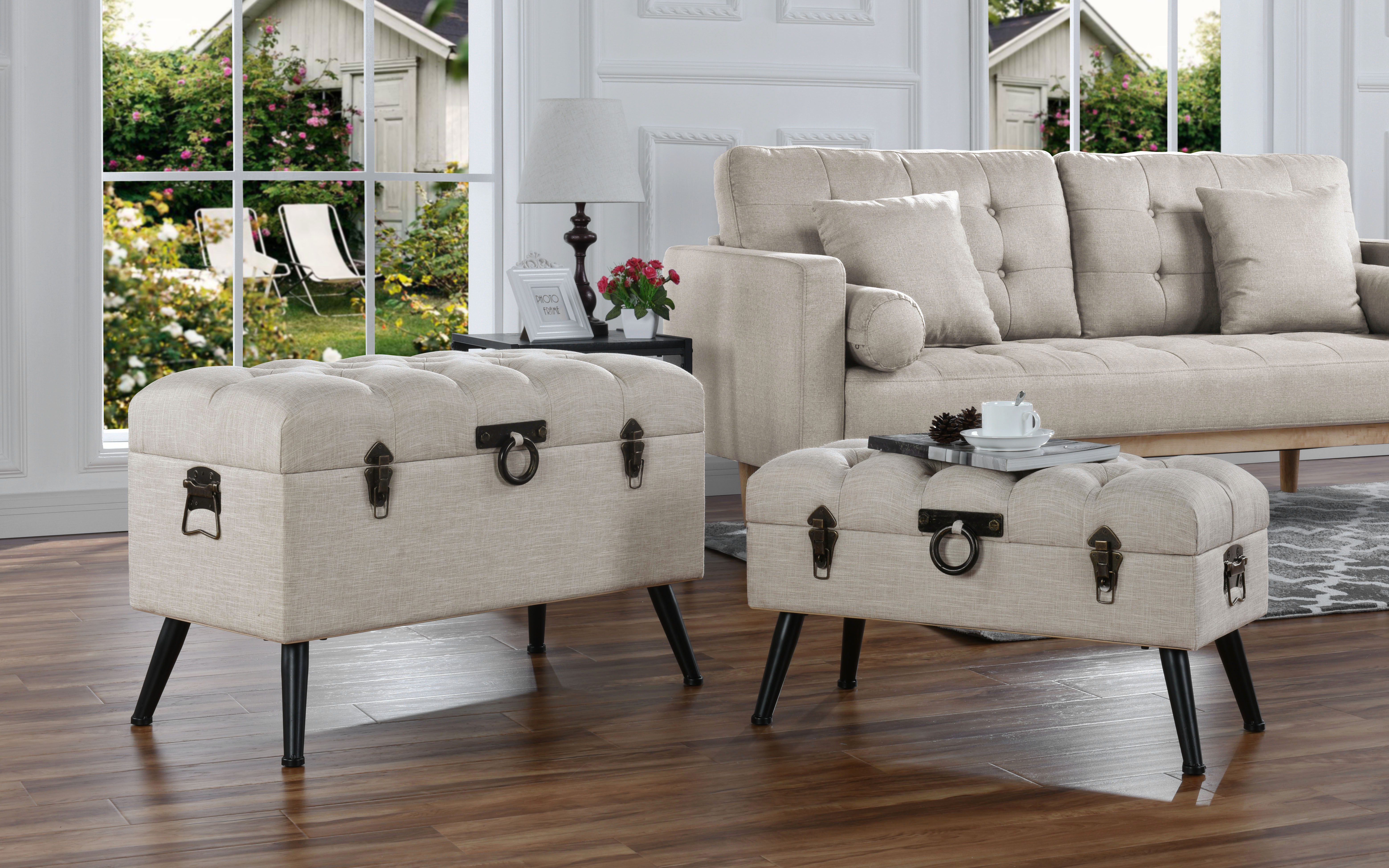 Classic Tufted Linen Accent Tables Storage Chests, 2 Piece Set, Beige