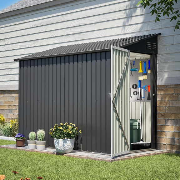 Lean to Shed, 4' x 8' Metal Shed and Outdoor Storage, Sloped Top Patio Tool Shed with Lockable Door, Floor Frame, Padlock