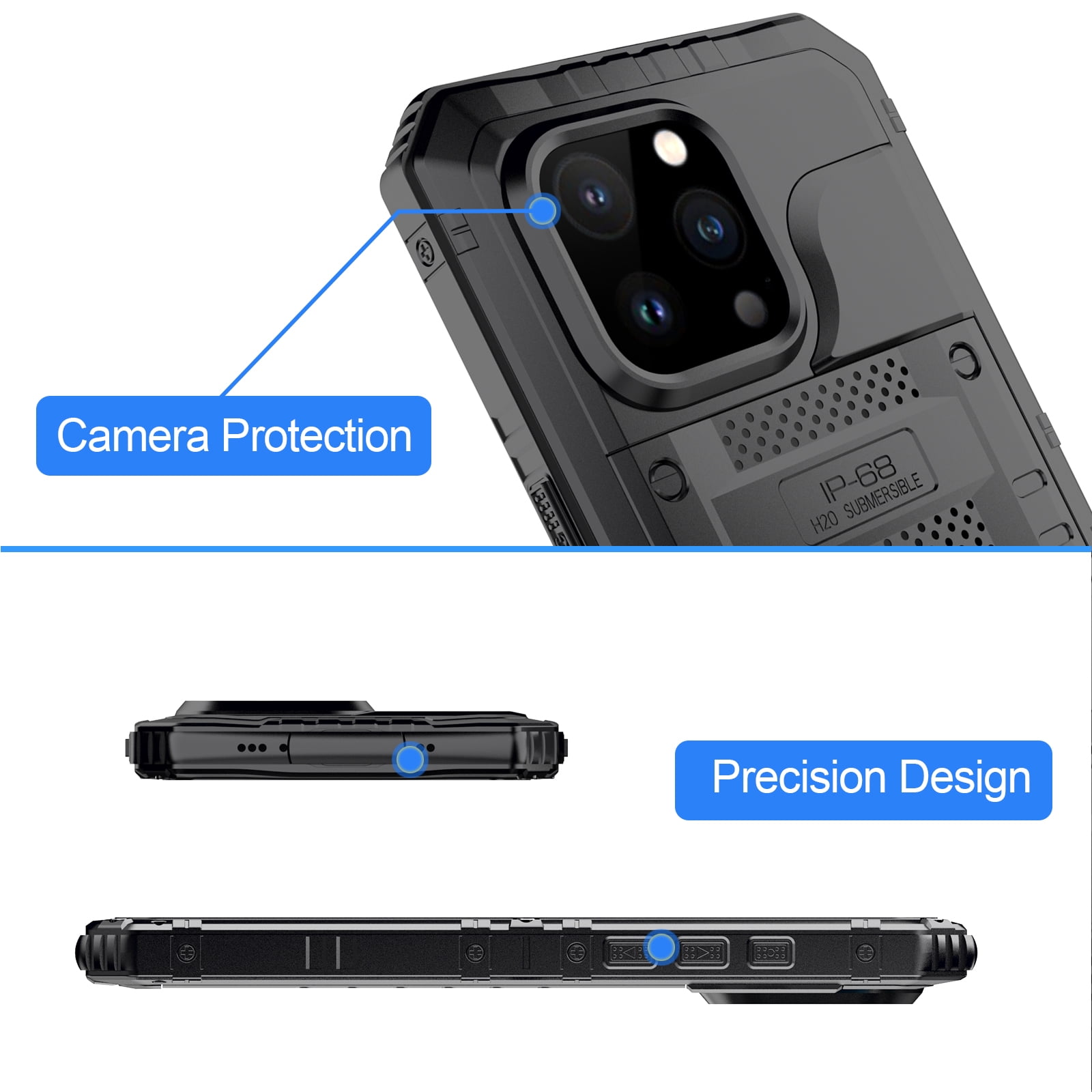 for iPhone 15 Pro Max Case, Military Grade IP68 Waterproof Dustproof Shockproof Full Body Sealed Underwater Case with Built-in Screen Protector Heavy Duty Metal Rugged Defender Phone Case,Black