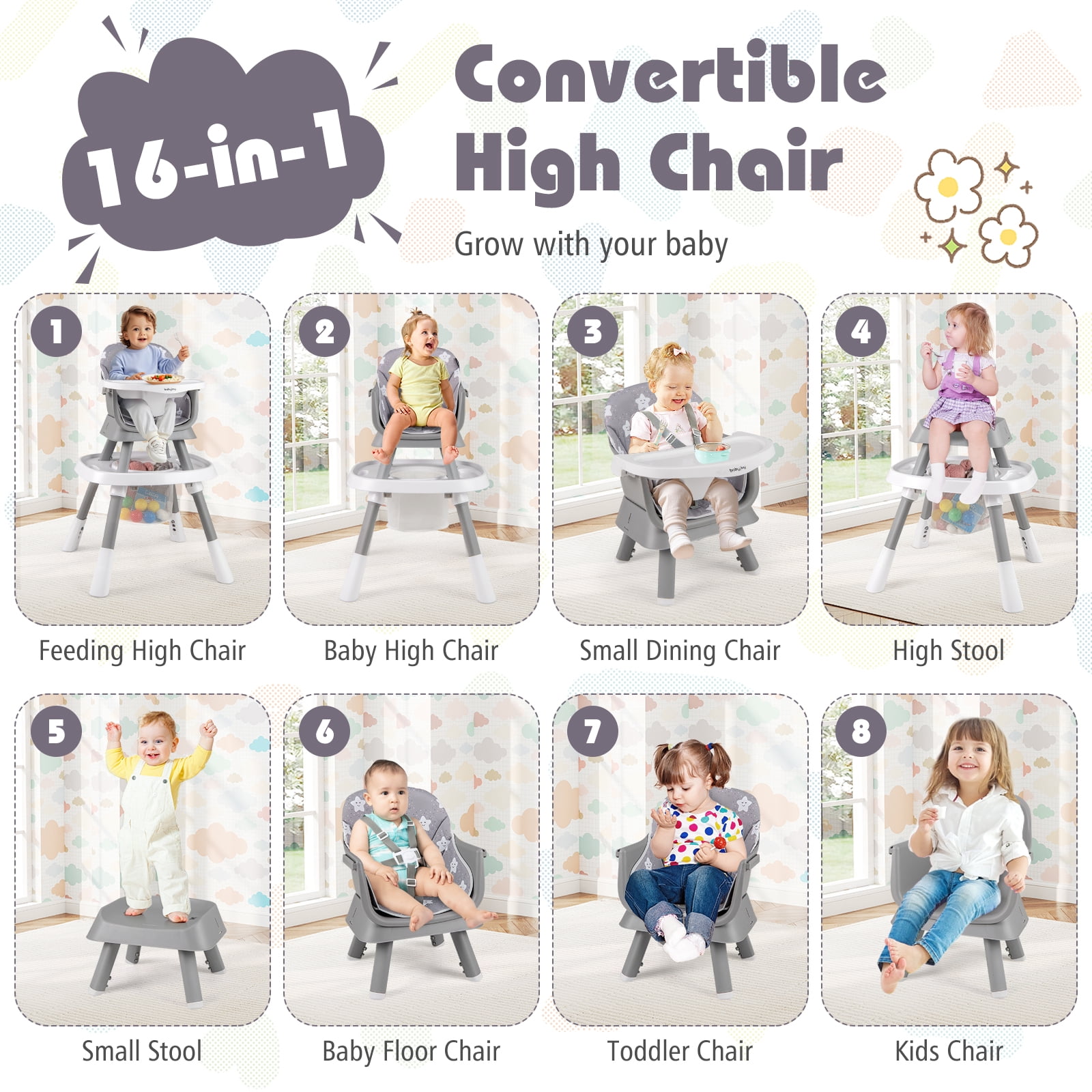 Babyjoy 16-in-1 Baby High Chair with Activity Center Booster Seat Building Block Table Gray