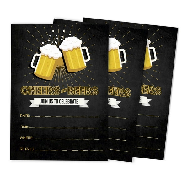 Inkdotpot Cheers and Beers Birthday Invitation, Adult Birthday Party Invites, 30 years, 40 years, 50 years, Pack Of 30 Fill In Invitations With Envelopes