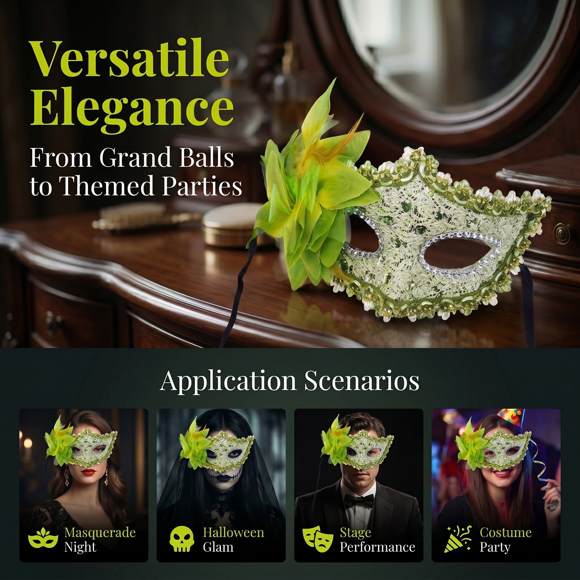 Unique Bargains Venetian Masquerade Mask, Side Flower Rose Eye Mask Green 6.3" x 4.3"