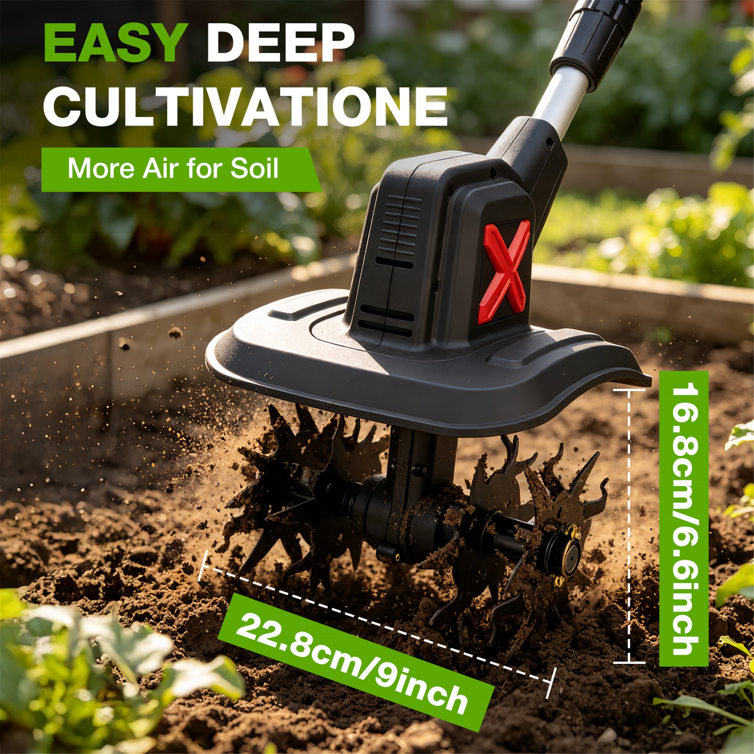 SHALL 21V Cordless Tiller Cultivator, 360RPM Electric Garden Tiller with 2 * 2.0Ah Batteries & Fast Charger, 8" Width and 6" Depth Garden Rototiller for Lawn, Gardening, Soil Cultivation