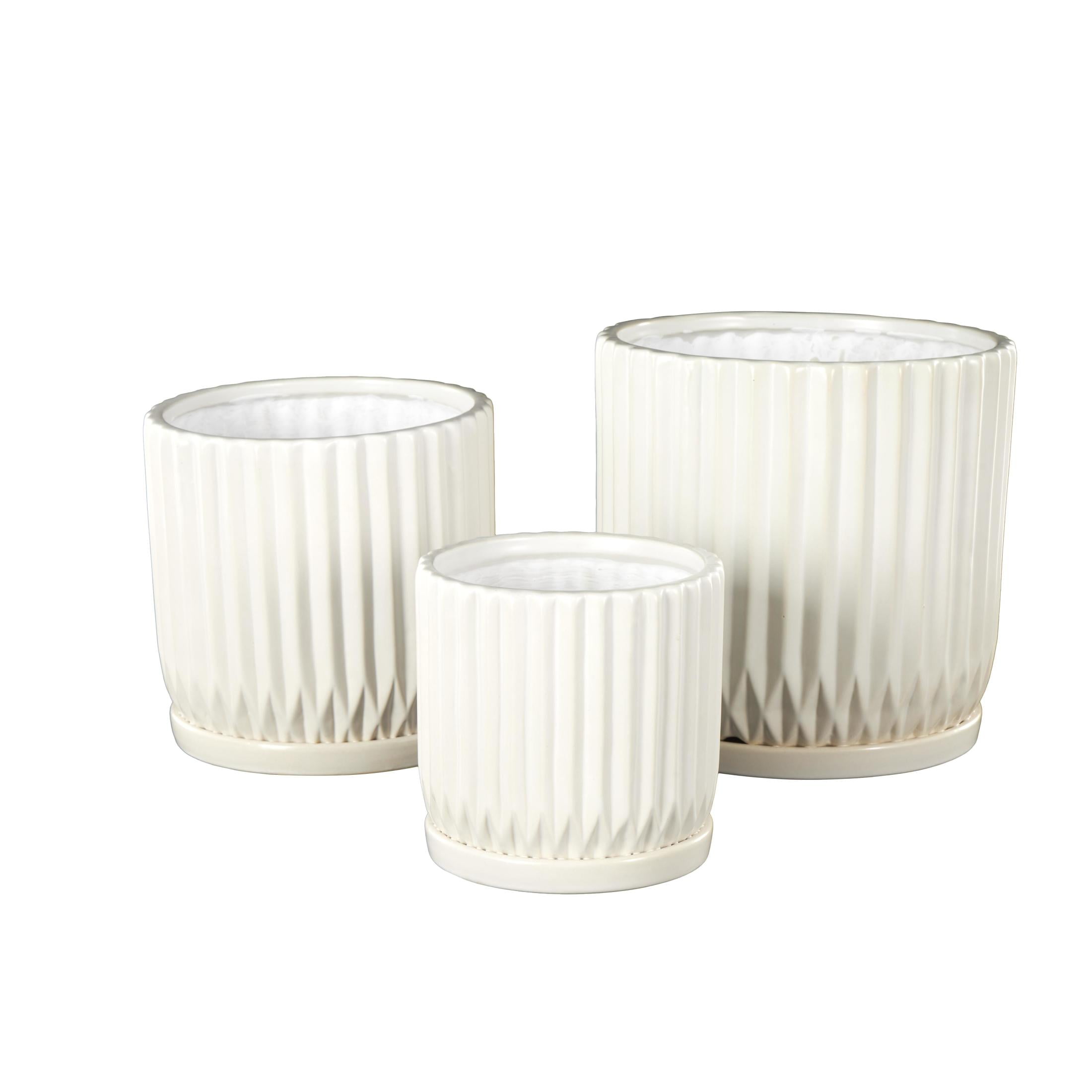 DecMode 8",7",5"H Ribbed White Ceramic Planter with Attached Saucer (3 Count)