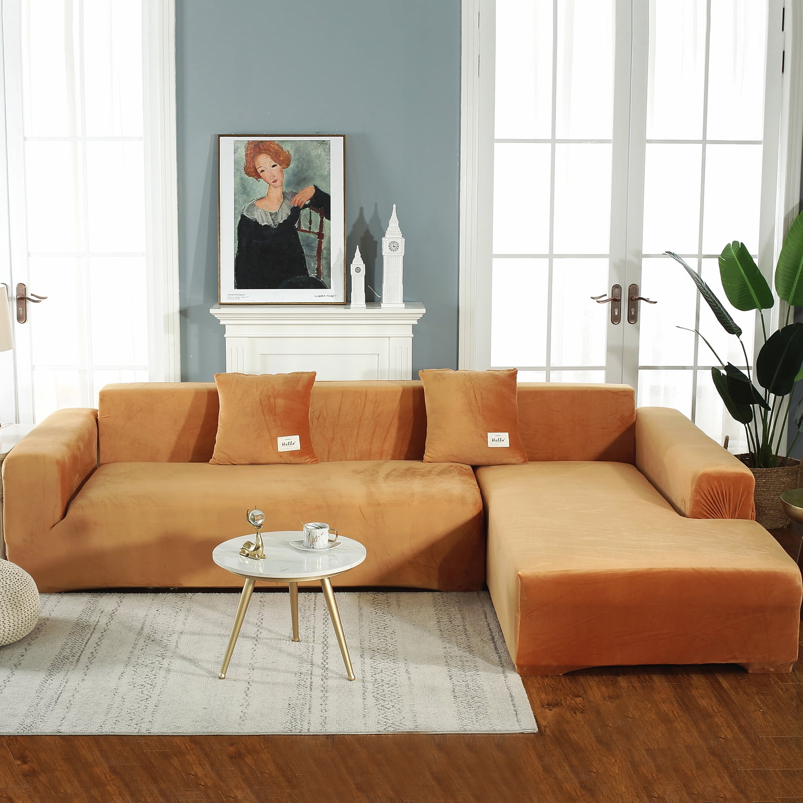 CJC Sectional Couch Covers, Velvet Stretch L Shape Sofa Covers, 2pcs Sofa Slipcovers for 3 + 4 Seaters Sectional Chaise Slipcover for Pets Kids, Orange